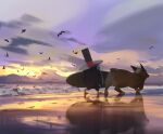  animal_focus beach bird dog no_humans ocean original outdoors penguin reflection sand scenery seagull sketch snatti sunset surfboard water welsh_corgi 