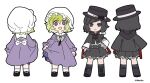  2girls :d back_bow bangs black_capelet black_footwear black_headwear black_skirt blonde_hair blush boots bow brown_eyes brown_hair buttons capelet chibi commentary_request dot_nose dress fedora footwear_bow frilled_hat frills from_behind full_body hair_ribbon hand_on_hip hat hat_bow hat_ribbon lace-trimmed_skirt lace_trim long_sleeves maribel_hearn mob_cap multiple_girls multiple_views natsuno_riku open_mouth purple_dress red_bow red_ribbon ribbon ribbon-trimmed_sleeves ribbon_trim shirt short_hair simple_background skirt smile socks standing touhou tress_ribbon twitter_username usami_renko white_background white_bow white_legwear white_shirt wide_sleeves 