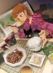  1girl animal_on_lap artist_name bangs black_cat bowl brown_eyes cat chopsticks closed_mouth cup demizu_posuka eating food food_focus hair_pulled_back highres holding holding_chopsticks indoors kitchen light_brown_hair original pink_sweater placemat rice short_hair sidelocks solo steam sweater table 