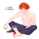  1boy bandaid bandaid_on_arm bandaid_on_face bandaid_on_foot bandaid_on_hand bandaid_on_leg bandaid_on_shoulder bandaid_on_stomach bangs barefoot blue_pants feet frown full_body gkrk89 indian_style injury looking_away male_focus mizukami_satoshi_(world_trigger) orange_hair outstretched_arm pants pants_rolled_up shoes shoes_removed short_hair simple_background single_shoe sitting sneakers soles solo toes toned topless_male white_background world_trigger 