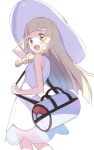  1girl :d bag bangs blonde_hair blunt_bangs blush braid buchi_(y0u0ri_) commentary_request dress duffel_bag eyelashes from_side green_eyes hat holding_strap lillie_(pokemon) long_hair looking_to_the_side open_mouth poke_ball_theme pokemon pokemon_(game) pokemon_sm see-through sleeveless sleeveless_dress smile solo sun_hat sundress tongue twin_braids white_dress white_headwear 