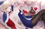  1girl artoria_pendragon_(fate) bangs bare_arms bare_shoulders biting black_legwear blonde_hair blush bobblehat box box_of_chocolates breasts choker cleavage couch dress eyebrows_visible_through_hair fate/grand_order fate_(series) feet_out_of_frame fur-trimmed_dress fur-trimmed_headwear fur_trim gift gift_box glove_biting glove_in_mouth gloves gloves_removed hat knee_up looking_at_viewer lying meltymaple mouth_hold on_back on_couch pantyhose pillow purple_choker purple_dress purple_gloves red_headwear removing_glove revision santa_alter santa_hat short_dress short_hair small_breasts solo sparkle strapless strapless_dress stuffed_animal stuffed_toy teddy_bear yellow_eyes 