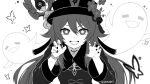  1girl :d bangs bead_bracelet beads black_nails bracelet bug butterfly claw_pose coat commentary english_commentary flower flower-shaped_pupils genshin_impact ghost greyscale hat hat_flower hu_tao_(genshin_impact) jewelry long_hair long_sleeves monochrome multiple_rings polearm polearm_behind_back porkpie_hat ring sheishii shirt sidelocks smile solo staff_of_homa_(genshin_impact) symbol-shaped_pupils thumbnail_surprise transparent_background twintails upper_body weapon 