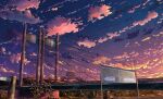  absurdres bridge cable-stayed_bridge cloud commentary_request evening grass highres no_humans original plant purple_sky qdsn scenery sign sky star_(sky) sunset tree twilight 