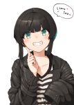  1girl black_hair blush english_text eyebrows_visible_through_hair finger_to_cheek green_eyes grin jacket long_sleeves looking_at_viewer original short_hair simple_background sleeves_past_fingers sleeves_past_wrists smile solo speech_bubble upper_body white_background yunimaru 