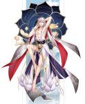  1boy bare_pectorals barefoot blonde_hair flower full_body green_eyes highres japanese_clothes jewelry lotus male_focus nightfun onmyoji onmyouji pectorals short_hair solo taishakuten_(onmyouji) white_hair 