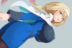  alternate_breast_size bangs blonde_hair blue_jacket blush breasts capelet covered_nipples from_side green_background hair_behind_ear hairband huge_breasts jacket low_twintails mitsuba_greyvalley open_clothes pantyhose shinki_(shinki59) smile solo super_robot_wars super_robot_wars_30 twintails white_capelet white_hairband 