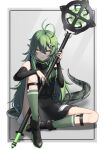  1girl antenna_hair arknights commentary_request crocodilian_tail detached_sleeves full_body gavial_(arknights) green_hair green_legwear hair_between_eyes hair_ornament highres kawara_pigeon long_hair long_sleeves looking_at_viewer pointy_ears pouch sitting solo staff yellow_eyes 