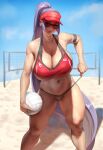  1girl bangs bare_shoulders beach bikini blue_sky breasts cleavage collarbone commentary day english_commentary eu03 fate/grand_order fate_(series) huge_breasts jpeg_artifacts long_hair looking_at_viewer minamoto_no_raikou_(fate) mismatched_bikini navel parted_bangs ponytail purple_eyes purple_hair revision shuten_douji_(fate) sky solo sunglasses swimsuit thighs very_long_hair visor_cap 