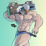  1boy abs artist_name ass bara blue_male_underwear briefs bulge covered_face dkmate gun highres holding holding_gun holding_weapon large_pectorals male_focus male_underwear male_underwear_pull mask muscular muscular_male navel over_shoulder overwatch pectorals pulled_by_self short_hair soldier:_76_(overwatch) solo thick_thighs thighs underwear weapon weapon_over_shoulder white_hair 