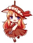  1girl ascot blonde_hair blue_eyes blush brown_footwear brown_headwear brown_skirt brown_vest chibi cross extra frilled_hat frills hat holding holding_cross jacket_girl_(dipp) long_hair noose red_ascot red_neckwear simple_background skirt solo touhou very_long_hair vest wdms white_background 