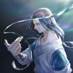  1boy black_hair blue_eyes chinese_clothes hand_up highres lens_flare long_hair looking_at_viewer low-tied_long_hair male_focus micho profile short_sleeves solo the_legend_of_luo_xiaohei upper_body wuxian_(the_legend_of_luoxiaohei) 