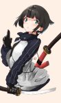  1girl black_gloves black_hair blush cropped_torso gloves green_eyes highres holding holding_sword holding_weapon jacket katana long_sleeves original paw_print pink_background sheath sheathed short_hair signature simple_background solo sword track_jacket weapon weapon_on_back yunimaru 