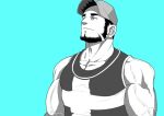  1boy aqua_background aqua_theme bara bare_shoulders baseball_cap beard dungeon_and_fighter earrings facial_hair hat jewelry looking_up male_focus male_priest_(dungeon_and_fighter) mature_male muscular muscular_male pectoral_cleavage pectorals short_hair smile solo upper_body veins xiawenjie_(jason_ou_1990) 