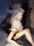  2girls akemi_homura ass_grab bare_legs black_hair black_shirt collared_shirt girl_on_top grabbing_another&#039;s_ass groping hand_on_another&#039;s_back highres indoors kaname_madoka karen_le_cao light_particles long_hair long_sleeves mahou_shoujo_madoka_magica multiple_girls on_bed pink_hair shadow shirt straddling symbol-only_commentary two_side_up white_hair yuri 
