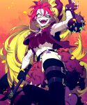  1girl axe bandaid demencia fur_skirt hood hoodie horns mace midriff multicolored_hair navel red_hair smile solo villainous weapon yunarukami 