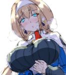  1girl bangs blonde_hair blush breasts breath capelet earrings hairband highres jewelry large_breasts looking_at_viewer looking_down low_twintails mitsuba_greyvalley parted_lips portrait sketch solo super_robot_wars super_robot_wars_30 twintails white_background white_capelet white_hairband wochi 