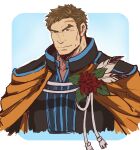  1boy bara brown_hair cape cropped_torso feathers fire_emblem fire_emblem:_path_of_radiance fire_emblem_heroes flower greil highres kagemaru_(bara) large_pectorals long_sideburns looking_at_viewer male_focus muscular muscular_male orange_cape pectorals scar scar_on_face scar_on_forehead short_hair sideburns smile solo 