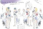  1girl absurdres asymmetrical_clothes bare_shoulders barefoot blonde_hair bloomers blue_bow blue_eyes bone_hair_ornament bow character_sheet collar commentary concept_art flat_chest flower frilled_collar frills from_side hair_bow hair_ornament hairclip highres kagamine_rin naked_ribbon neck_stitches oyamada_gamata pigeon-toed profile ribbon ribs rose short_hair shoulder_blades skeletal_hand skirt solo spine stitched_arm thorns too_many too_many_frills too_many_ribbons torn_clothes torn_skirt underwear vocaloid white_ribbon 