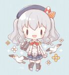  1girl bangs beret binoculars bird black_legwear blue_background blue_eyes blue_headwear blue_skirt chibi epaulettes flower hat highres holding holding_binoculars jacket kantai_collection kashima_(kancolle) long_hair long_sleeves military military_uniform nada_namie open_mouth pleated_skirt seagull signature silver_hair simple_background skirt thighhighs twintails uniform wavy_hair white_flower yellow_flower 