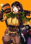  1girl bangs beer_mug belt black_hair brown_belt brown_pants cape commentary_request cowboy_shot cup fingerless_gloves gloves green_cape hand_on_hip highres holding holding_cup jun_(seojh1029) long_hair looking_at_viewer mug open_mouth orange_background original pants shirt simple_background smile solo standing sword weapon yellow_shirt 