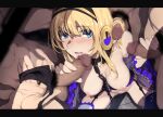  1girl bangs black_panties blonde_hair blue_eyes blush breasts censored chain detached_sleeves double_handjob earmuffs erection evelysse_(star_ocean) eyebrows_visible_through_hair frilled_legwear gangbang group_sex hairjob handjob hetero highres large_breasts long_hair looking_at_viewer male_pubic_hair mosaic_censoring multiple_boys nagioka nipples open_mouth oral panties penis precum pubic_hair pussy_juice pussy_juice_stain rape saliva spread_legs squatting stained_clothes stained_panties star_ocean star_ocean_anamnesis tearing_up tears underwear 
