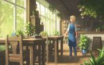  1girl absurdres apron blonde_hair blue_eyes cafe chair chalkboard highres indoors medium_hair onita original plant potted_plant scenery solo table tray 