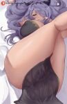  1girl araneesama ass bangs bare_shoulders blush breasts camilla_(fire_emblem) covered_nipples fire_emblem fire_emblem_fates hair_over_one_eye highres huge_breasts legs_up long_hair looking_to_the_side lying parted_lips purple_eyes purple_hair solo thighs very_long_hair wavy_hair 