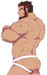  1boy ass back bara beard black_hair crossed_arms facial_hair fang feet_out_of_frame from_behind highres jockstrap kagemaru_(bara) male_focus male_underwear mature_male multicolored_hair muscular muscular_male original red_eyes red_hair short_hair solo streaked_hair thick_eyebrows thick_thighs thighs topless_male underwear underwear_only white_background white_male_underwear 