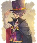  1boy adjusting_clothes adjusting_headwear alternate_costume bat_hair_ornament black_cape black_hair black_headwear black_pants black_vest bow bowtie cape commentary cowboy_shot eyebrows_visible_through_hair hair_ornament hair_over_one_eye halloween hat highres kurotou_(miccfco) male_focus pants pumpkin purple_bow purple_bowtie purple_eyes ray_(yakusoku_no_neverland) simple_background solo top_hat vest yakusoku_no_neverland yellow_background yellow_bow yellow_bowtie 