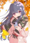  1girl absurdres autumn_leaves blue_hair blurry blurry_background blush cellphone commentary covered_mouth depth_of_field file112056 ginkgo_leaf highres holding hood hoodie long_hair looking_at_viewer outdoors phone purple_eyes scarf shima_rin smartphone solo striped striped_scarf yurucamp 