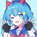  &gt;_o 1girl :3 :d bandaid bandaid_on_arm bandaid_on_face bangs beret black_gloves blue_eyes blue_hair blue_headwear blue_sailor_collar bow bowtie character_name enskkt fangs fingerless_gloves food-themed_hair_ornament gloves hair_bow hair_ornament hat hat_bow hatsune_miku lemon_hair_ornament long_hair looking_at_viewer one_eye_closed pink_bow pink_bowtie polka_dot polka_dot_bow polka_dot_neckwear sailor_collar shirt smile solo sparkle twintails upper_body vocaloid white_shirt x_hair_ornament 