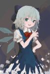  1girl :d blue_bow blue_dress blue_eyes blue_hair blue_nails bow bowtie cirno cowboy_shot dark_background dress eyebrows_visible_through_hair from_side grey_background hair_between_eyes hair_bow hand_on_hip hand_up highres light_blue_hair looking_at_viewer looking_to_the_side missing_tooth nail_polish no_lineart no_nose open_mouth pinafore_dress puffy_short_sleeves puffy_sleeves red_bow red_bowtie reddizen short_hair short_sleeves smile solo standing teeth touhou upper_teeth wing_collar wings 