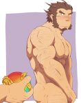  2boys arm_hair ball bara blush brown_hair character_request chest_hair completely_nude covering covering_crotch facial_hair feet_out_of_frame forked_eyebrows from_side giving goatee highres kagemaru_(bara) long_sideburns male_focus mature_male multiple_boys muscular muscular_male nipples nude pectorals pov sangokushi_puzzle_taisen short_hair sideburns solo_focus yaoi 