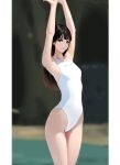  1girl absurdres armpits arms_up bangs blurry blurry_background breasts brown_eyes brown_hair closed_mouth derivative_work highres kai1up long_hair looking_at_viewer one-piece_swimsuit original outdoors photo-referenced pool small_breasts smile solo swimsuit white_swimsuit 