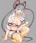  1girl agawa_ryou animal_ears arm_belt arm_support artist_name bangs belt black_belt bra breasts buckle cleavage collarbone collared_shirt commentary dated eyebrows_visible_through_hair fake_animal_ears glasses grey_background grey_hair hair_between_eyes linea_alba long_hair looking_at_viewer medium_breasts mouse_ears mouse_tail navel numbered one_knee open_mouth original pink_bra red_eyes semi-rimless_eyewear shirt short_shorts short_sleeves shorts sidelocks simple_background smile solo strapless strapless_bra tail teeth thighhighs torn_clothes torn_legwear underwear upper_teeth white_shirt yellow_legwear 