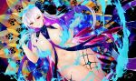  1girl bangs bare_shoulders blue_fire blue_hair blush body_markings bracelet breasts earrings fate/grand_order fate_(series) fire flower hair_flower hair_ornament hair_ribbon highres jewelry kama_(fate) kama_(swimsuit_avenger)_(fate) large_breasts long_hair looking_at_viewer lotus multicolored_hair navel obiwan red_eyes revealing_clothes ribbon silver_hair star_(symbol) star_earrings thighs two-tone_hair 