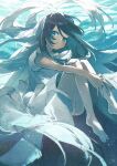  1girl air_bubble bare_legs barefoot black_hair blue_eyes breasts bubble cleavage commentary_request dress full_body highres hugging_own_legs long_hair looking_at_viewer original potg_(piotegu) signature smile solo underwater white_dress 