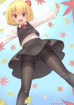  1girl arms_up ascot ass_visible_through_thighs autumn_leaves bangs black_legwear black_skirt black_vest blonde_hair blue_sky collar collared_shirt commentary_request eyebrows_visible_through_hair gradient gradient_sky hair_between_eyes hair_ribbon hands_up harunoha highres leaf long_sleeves looking_at_viewer looking_down maple_leaf no_panties open_mouth pantyhose puffy_long_sleeves puffy_sleeves pussy red_ascot red_eyes red_ribbon ribbon rumia shirt short_hair skirt sky smile solo standing touhou vest white_shirt white_sleeves 