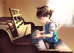  1boy absurdres brown_hair child chinese_commentary closed_eyes closed_mouth eyebrows_visible_through_hair highres indoors instrument male_focus morning music original piano playing_instrument playing_piano shorts sitting solo xiaoyexiaoye 