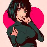  1girl bangs black_hair breasts dress finger_to_mouth fubuki_(one-punch_man) green_dress green_eyes green_hair heart high_contrast jewelry large_breasts long_sleeves moshimoshibe necklace one-punch_man pink_background short_hair smile solo texture upper_body 
