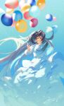  1girl balloon black_hair blue_eyes blue_sky blush closed_mouth commentary_request dress expressionless eyebrows_visible_through_hair highres light_particles long_hair original potg_(piotegu) signature sky solo white_dress 