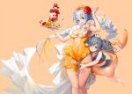  2girls :d :o bangs black_shirt blue_eyes braid breasts bronya_zaychik cleavage drill_hair flower food frilled_swimsuit frills full_body glass grey_eyes grey_hair hair_flower hair_ornament highres holding holding_tray honkai_(series) honkai_impact_3rd ice_cream kiana_kaslana kiwee17 looking_at_viewer multiple_girls navel one-piece_swimsuit orange_background orange_swimsuit red_flower red_rose rose sailor_collar shirt simple_background sleeveless sleeveless_shirt smile strapless sundae swimsuit tray tube_top twin_braids twin_drills white_hair 