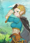  1girl black_cape black_gloves blonde_hair blue_sky blue_tunic blurry blurry_background braid bush cape cloud crown_braid fadingz fingerless_gloves gloves green_eyes hand_on_head highres outdoors parted_lips pointy_ears pouch princess_zelda short_hair sky the_legend_of_zelda the_legend_of_zelda:_breath_of_the_wild 