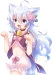  1girl :3 :d absurdres ahoge animal_ears bell bloomers blue_eyes cheat_kushushi_no_slow_life dog_ears dog_girl fang flower hair_flower hair_ornament highres long_hair midriff neck_bell noela_(cheat_kushushi_no_slow_life) nyaa_(nnekoron) paw_pose puffy_short_sleeves puffy_sleeves short_sleeves smile solo tail underwear white_background white_hair wolf_ears wolf_girl 