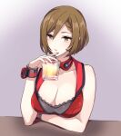  1girl akiyoshi_(tama-pete) alcohol breasts brown_eyes brown_hair choker cleavage commentary cup drinking_glass holding holding_cup lips looking_at_viewer meiko meiko_(vocaloid3) nail_polish parted_lips red_nails short_hair shot_glass sleeveless solo upper_body vocaloid wrist_cuffs 