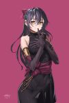  1girl absurdres bangs bare_shoulders black_dress black_gloves blue_hair cowboy_shot dress elbow_gloves finger_to_mouth ghode_(basashi) gloves hand_on_own_chest highres index_finger_raised long_hair looking_at_viewer love_live! love_live!_school_idol_project magenta_background simple_background smile soldier_game solo sonoda_umi swept_bangs yellow_eyes 