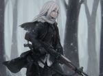  black_coat black_legwear black_skirt blurry blurry_background closed_mouth cowboy_shot depth_of_field forest gun hair_between_eyes holding holding_gun holding_weapon long_hair long_sleeves nature original outdoors pantyhose pleated_skirt rifle shiroi_suzume skirt snow snowing solo standing weapon white_eyes white_hair 
