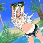  arms_up bikini_tan breasts camouflage copyright_request denim denim_shorts green_eyes jewelry long_hair medium_breasts michael necklace nipples oasis one_eye_closed shorts smile solo tan tanline topless tree undressing water white_hair 