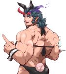 1boy animal_ears ass bara bare_back bow bowtie briefs broken_horn crossdressing dark_blue_hair demon_boy demon_horns facial_hair fang feet_out_of_frame fiery_horns from_behind goatee highres holding holding_tray horns kemonomimi_mode kizami_nori_to_yamaimo long_sideburns male_focus male_playboy_bunny male_underwear mature_male muscular muscular_male rabbit_bow rabbit_ears rabbit_tail short_hair sideburns smile solo stubble tail takemaru_(housamo) thick_eyebrows tokyo_afterschool_summoners tray underwear veins wrist_cuffs 